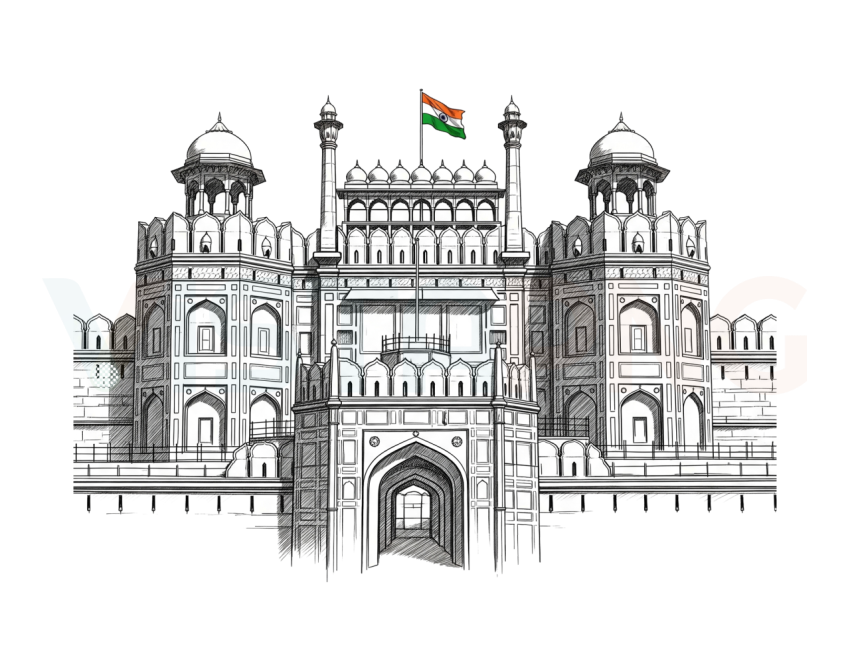 Indian Red Fort Vector Illustration with Tricolor Flag PNG Free Download