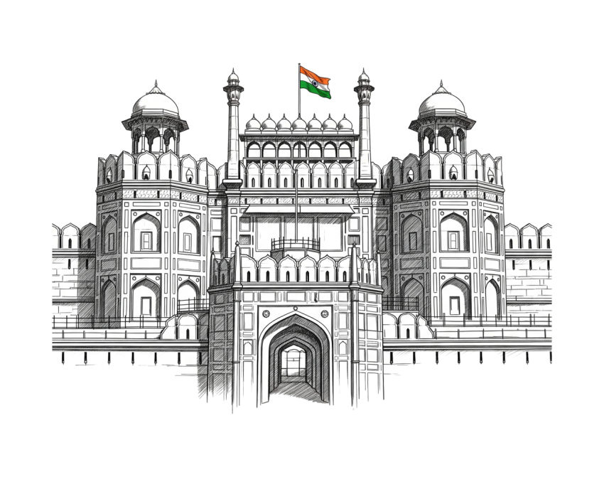 Indian Red Fort Vector Illustration with Tricolor Flag PNG Free Download