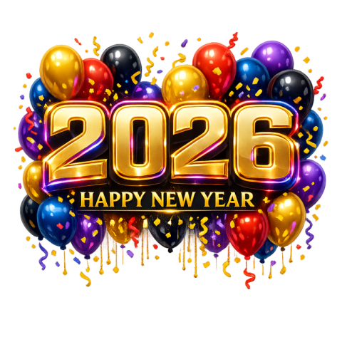 Happy New Year 2026 Golden Balloons Celebration PNG IMAGE FREE DOWNLOAD