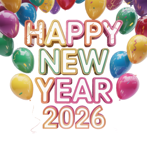 Happy New Year 2026 Colorful Balloon Typography Design PNG IMAGE FREE DOWNLOAD