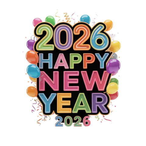 Happy New Year 2026 Rainbow Letter Balloon Wreath Design PNG IMAGE FREE DOWNLOAD