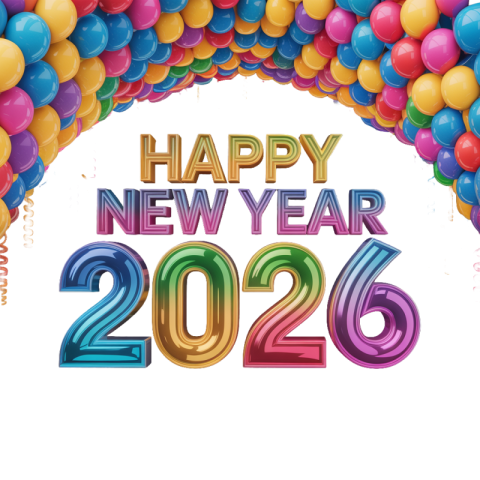 Happy New Year 2026 Colorful Balloon Typography PNG IMAGE FREE DOWNLOAD