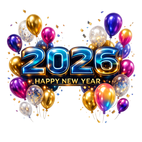 Happy New Year 2026 Luxury Neon Balloon Celebration PNG IMAGE FREE DOWNLOAD