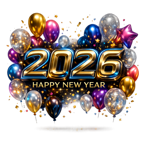 Happy New Year 2026 Golden Luxury Balloon Celebration PNG IMAGE FREE DOWNLOAD