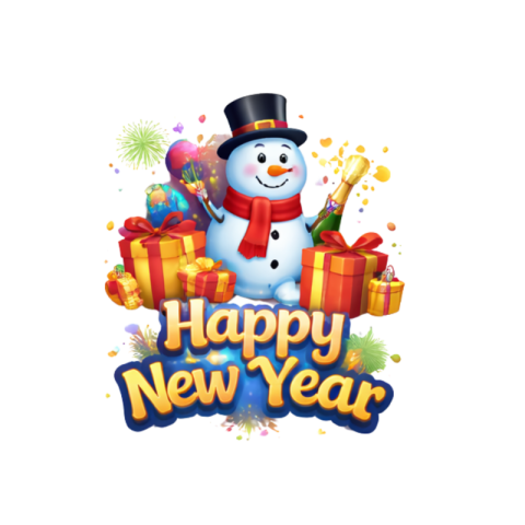 Happy New Year Celebration Text With Fireworks And Gifts PNG IMAGE FREE DOWNLOAD