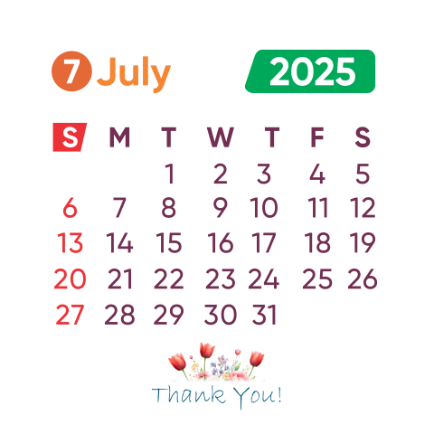 2025 July Month Calendar PNG Free Download