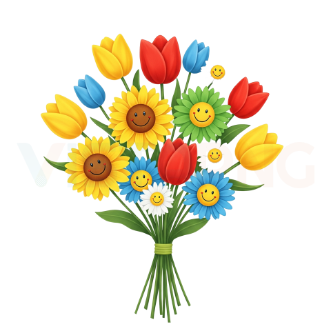 Smiling Sunflower & Tulip Bouquet PNG Free Download | Colorful Happy Flower Clipart Transparent