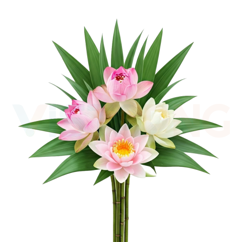 Lotus Flower Bouquet PNG Free Download | Pink & White Lotus with Green Leaves Transparent Background
