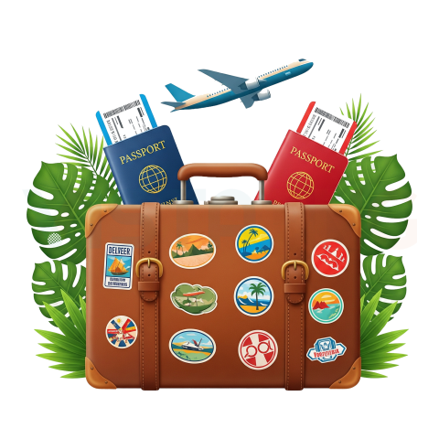Travel Suitcase PNG with Passport & Airplane – Free Transparent PNG Download for Travel Designs